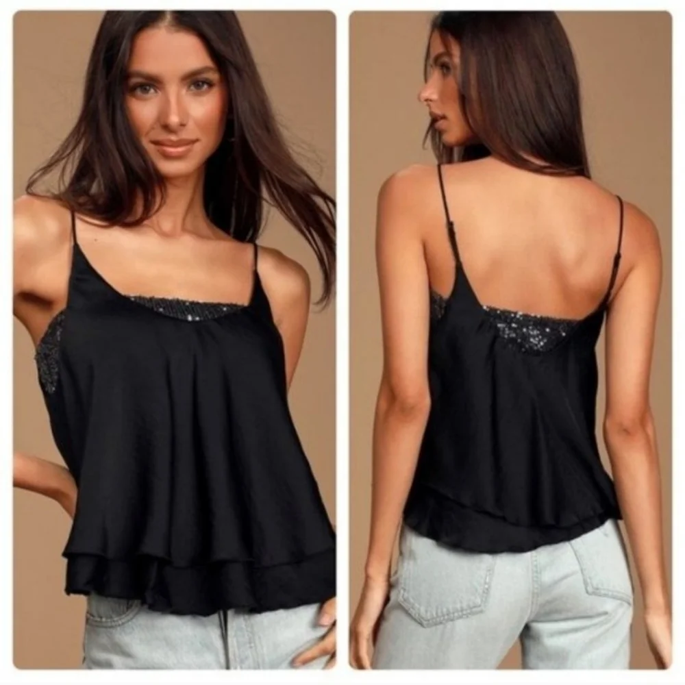 Free People Turn It On Cami Black Sequins Small New